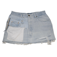 a light blue denim skirt with pockets